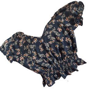 Blue Floral Print Top with Short Sleeves